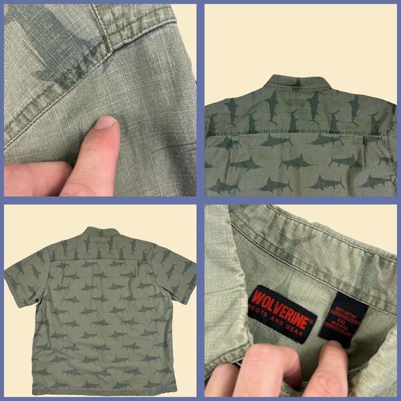 1990s Wolverine XXL swordfish shirt, short sleeve green vintage 90s fish top - Picture 2 of 8
